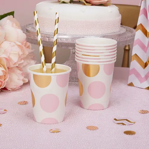 Pappbecher Punkte rosa gold 250ml 8 St - Einwegbecher Partyteller Dots rosa gold