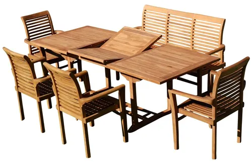 TEAK Gartengarnitur Ausziehtisch 150-210cm + 4 Alpen Sessel, 1 Bank