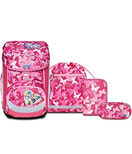SJ GANG STYLE JAM GANG Schulranzen Set 4-teilig Ergonomischer Rucksack, Sportbeutel-Turnbeutel, gefülltes Mäppchen, kleine Federtasche, Höhenverstellbar, Kinder Grundschule Mädchen Junge, rosa
