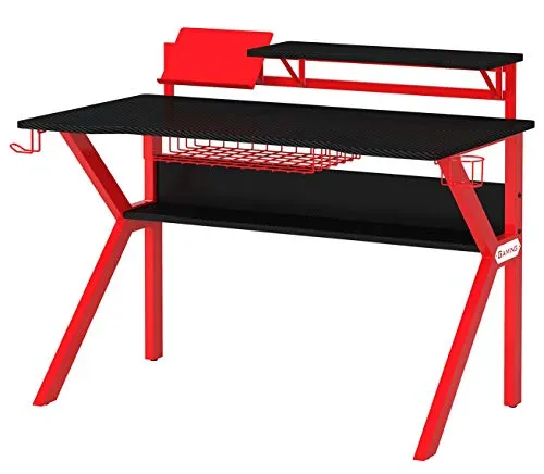 SixBros. Computerschreibtisch Schwarz/Rot - GT-006/8394 - Computertisch mit pulverbeschichtetem Metallgestell und stilvoller Carbon-Optik, inklusive praktischem Getränkehalter für ein komfortables Arbeiten.