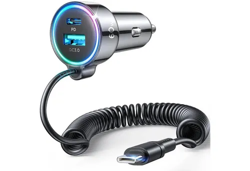 Joyroom JR-CL07 12V/24V Kfz PD Schnell Ladegerät - Handy-Ladegerät mit 60W Schnellladeleistung, ideal für 12V und 24V Fahrzeuge. Mit USB-C und USB-A Anschlüssen sowie fest angeschlossenem Kabel für maximalen Komfort unterwegs.