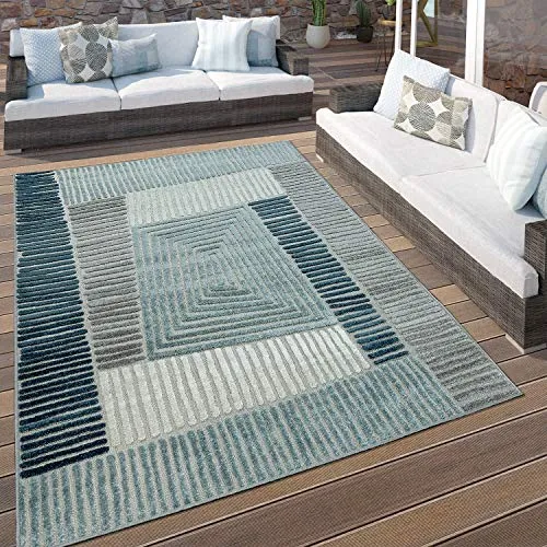 Paco Home In- & Outdoor Terrassen Teppich Geometrisches Design Pastell Türkis Grau Creme, Grösse:60x100 cm