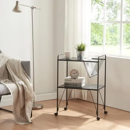 [en.casa] Servierwagen Austrheim - Vielseitiger Beistellwagen mit Zeitungskorb - Praktischer Servierwagen für Küche und Büro mit 2 Ablagen und integriertem Zeitungskorb. Robuste Stahlkonstruktion und 4 leichtgängige Rollen für optimale Mobilität.