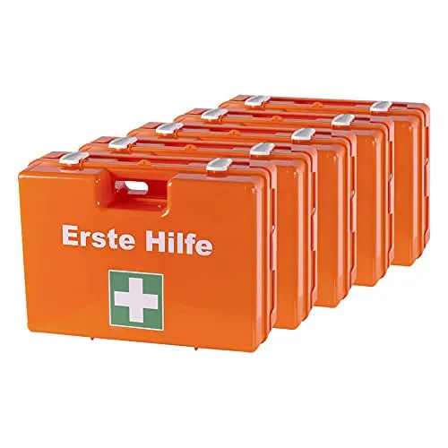 ERSTEHILFESHOP BIGPACK 5 x Erste-Hilfe-Koffer, mit Wandhalterung, Kunststoff, orange, DIN 13169, Art.-Nr. 608825 | Verbandskasten | Notfallkoffer | Erste Hilfe Kasten