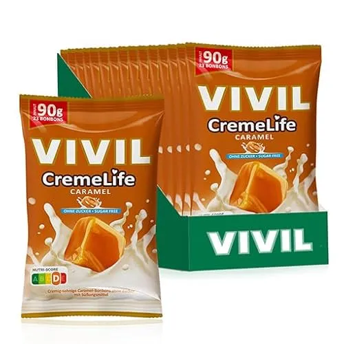 VIVIL Creme Life Caramel Sahnebonbons ohne Zucker - Sonstige Süßigkeiten, cremig-samtige Caramelbonbons ohne Zucker, ideal für unterwegs und glutenfrei - für ein Lächeln jederzeit!