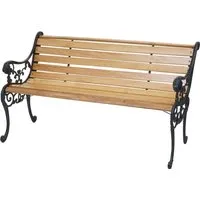 Gartenbank MCW-F98, 2-Sitzer Holzbank mit Gusseisen - Gartenbänke - Elegante 2-Sitzer Bank aus lasiertem Kiefernholz und robustem Gusseisen, ideal für entspannte Stunden im Freien mit hoher Stabilität.