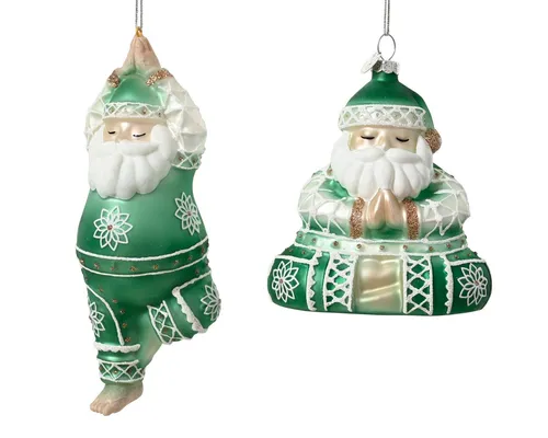 Kaemingk Christbaumschmuck, Christbaumschmuck Glas 17cm Yoga Santa Claus Figur 1 Stück sort. Grün