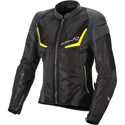 Macna Orcano NightEye Damen Motorrad Textiljacke XL - Motorradjacke in schwarz-grau mit Gürtelschlaufe zur Verbindung mit der Hose und mehreren Außentaschen für praktischen Stauraum.