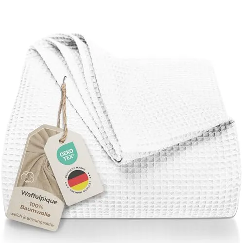 LAYNENBURG Premium Tagesdecke 180 x 220 cm - Waffelpique 100% Baumwolle - leichte Wohndecke Waffeloptik - Baumwolldecke als Bett-Überwurf, Sofa-Überwurf, Couch-Überwurf - Sofa-Decke (weiß)