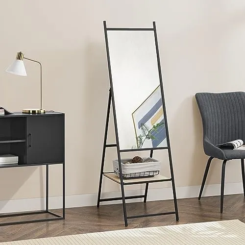 [en.casa] Standspiegel Chamois 150 x 44 cm - Eleganter Ganzkörperspiegel in Schwarz/Eicheoptik - Standspiegel mit neigbarem Aufsteller für optimalen Betrachtungswinkel und zusätzlicher Ablage für Stauraum. Ideal für Flur, Schlafzimmer oder Ankleidezimmer.