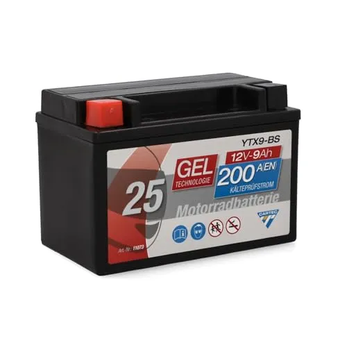 CARTEC Motorradbatterie YTX9-BS, 9Ah, 200A - Motorradbatterie mit auslaufsicherer GEL Technologie, wartungsfrei und ideal für sportliche Fahrer. Vielseitig einsetzbar für Motorräder, Mofas, Quads und mehr.