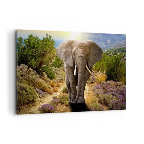 Wandbilder Dekoration Wohnzimmer Tiere Afrika Elefanten Spaziergang Bilder auf Leinwand 120x80cm Leinwandbild Schlafzimmer Deko Wand Kunstdruck Art Groß XXL Wanddeko Bild Decor Canvas AA120x80-2708