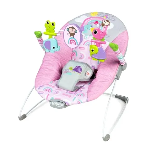 Bright Starts, Pink Paradise Tragbare Babywippe Babyschaukel mit vibrierendem Sitz und Spielzeugstange, Max. Gewicht 9 kg, Alter 0-6 Monate