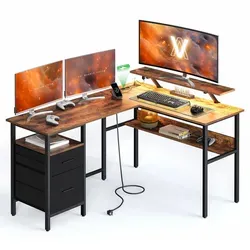 VASAGLE L-förmiger Schreibtisch mit Steckdosen und LED-Beleuchtung - Schreibtisch in Vintagebraun mit praktischen USB-Anschlüssen und einfacher Montage – ideal für Home Office und kreative Arbeitsplätze.