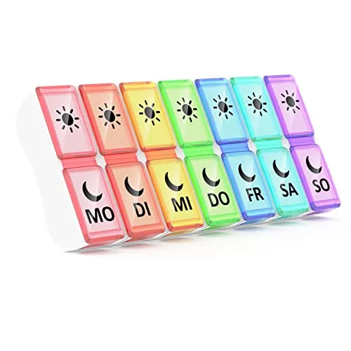 Tablettenbox 7 Tage 2 Fächer, Jaduoher Pillendose Morgens Abends 14 Fächer Pillenbox Medikamentendosierer (Regenbogen)