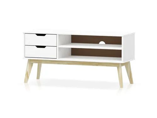 TV-Unterteil Lowboard BARNY II aus Kiefernholz in Weiß - Elegantes Lowboard für Erwachsene, mit 2 Schubladen und offenen Fächern. Ideal für Kabelmanagement und bietet eine luftige Optik. Perfekt für jedes Zimmer, langlebig und pflegeleicht.