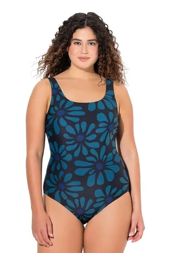 Ulla Popken Badeanzug Blüten ohne Softcups - Schwarz 62/64 - Bademode in sportlichem Stil, OEKO-TEX® zertifiziert. Der schwarze Badeanzug bietet hohen Tragekomfort ohne Shaping-Effekt, ideal für entspannte Schwimmbadbesuche.