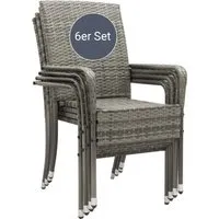 Juskys Polyrattan Gartenstühle Yoro 6er Set - Gartenstühle mit Armlehnen, stapelbar und elegant in Grau-meliert, ideal für bequeme Sitzmöglichkeiten im Garten oder auf der Terrasse.