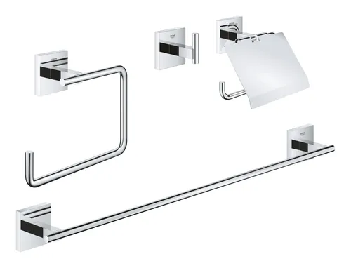 Grohe Start Cube Bad-Set 4 in 1 - Chrom - 41115000 - Toilettenpapierhalter mit elegantem Design, umfasst 4 praktische Bad-Accessoires für ein modernes Badezimmer.