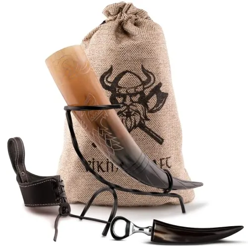 VIKING CRAFT® Trinkhorn Graviert ca. 450ml - Extra Großes 5-teiliges Horn Set für Met und Honigwein mit Ständer – Methorn, Wikinger Deko, LARP Mittelalter Bierkrug, Geschenk