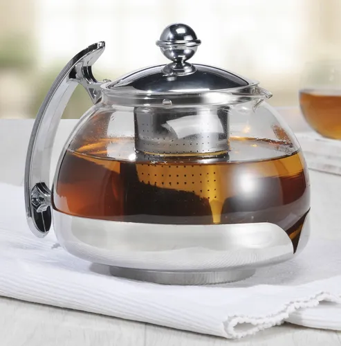 Elegante Tee-Kanne aus hitzebeständigem Glas mit Edelstahlhalter 1,2 L