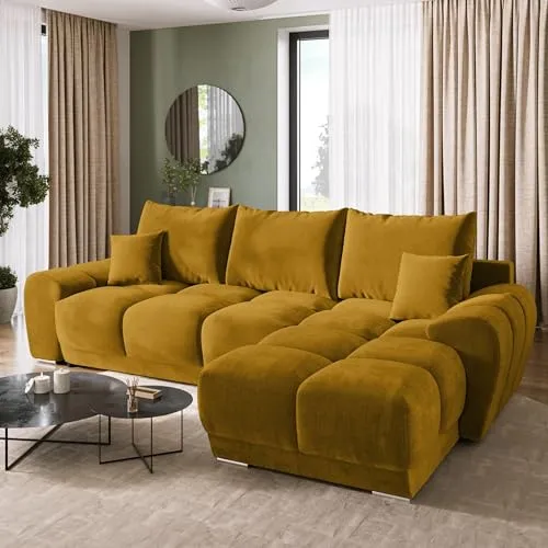 BROMARKT NUBES Ecksofa mit Schlaffunktion - Sofas & Couches - Komfortables Ecksofa mit Schlaffunktion und Bettkasten, ideal für Gäste und kleine Räume. Elegantes Design in Senfgelb mit wasserabweisendem Stoff.