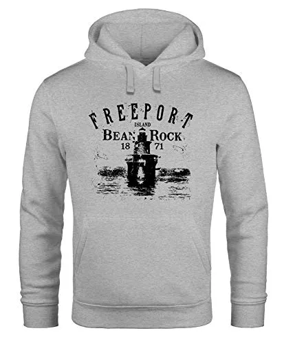 Neverless® Hoodie Herren Retro Print Leuchturm Motiv Schriftzug Freeport Island Kapuzen-Pullover Männer grau 4XL
