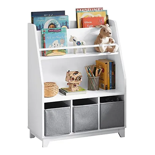SoBuy KMB34-W Kinder Bücherregal - Praktisches Kinderregal mit 3 Boxen und Fächern für Spielzeug und Bücher, ideal für ein aufgeräumtes Kinderzimmer. Sicherheitsdesign mit abgerundeten Ecken für unbesorgtes Spielen.