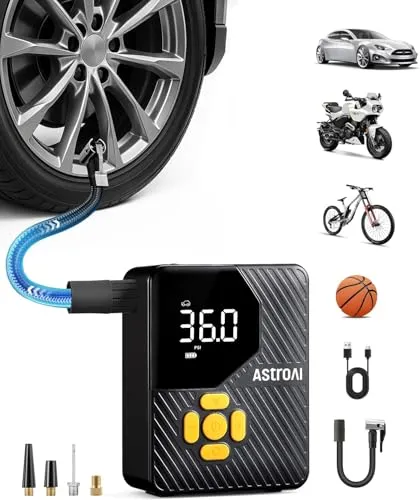 AstroAI Mini Fahrradpumpe Elektrisch - 10,3 Bar Luftpumpe für Auto, Fahrrad & Motorrad - Mobile Kompressoren & Luftpumpen - Kompakte, leistungsstarke Reifenpumpe mit Truegauge-Display für präzise Druckmessung und integrierter Taschenlampe für Notfälle.
