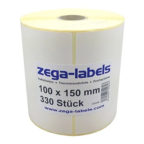 zega-labels Thermo Etiketten - 100 x 150 mm - 330 Stück je Rolle - Kern Ø 25 mm - Versandetiketten stark haftend - mit Perforation - Druckverfahren: Thermodirekt (Verwendung ohne Farbband)