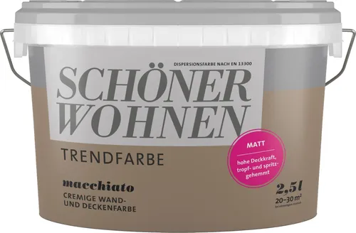 Schöner Wohnen Trendfarbe Macchiato matt, 2,5 Liter - Hochdeckende Wand- und Deckenfarbe, scheuerbeständig und perfekt für Neu- und Renovierungsanstriche. Ideal für Allergiker und schützt vor Abriebspuren.