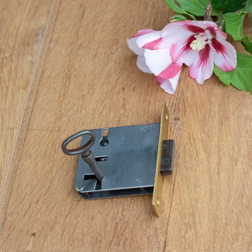 Einsteckschloss Möbelschloss Messingstulpe mit Eisenhohlschlüssel, Dorn 40 R/L