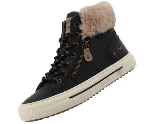 Mustang Damen High Top Sneaker Schwarz - Stiefel mit Kunstleder und Fleece-Innenfutter, ideal für Komfort und Stil. Schnürung und Reißverschluss erleichtern das An- und Ausziehen.