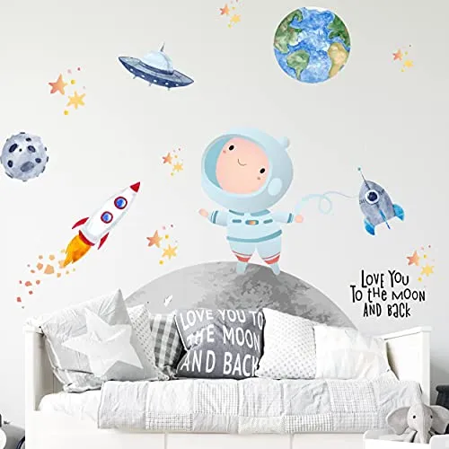 Astronaut Wandtattoo V295 | handgezeichnet | AUFKLEBER Kindergarten | Wandsticker Kinderzimmer Weltraum Rakete Mondreise Erde Sterne Raumschiff Planeten (20 x 20 cm)