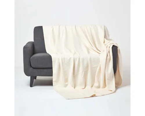 Plaid 100% Bio-Baumwolle Waffeldecke natur, 125 x 150 cm, Homescapes