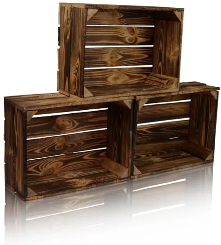 CHICCIE 3 Set Holzkiste Vintage Look geflammt dunkel 38x28x15cm - Vielseitige Holzkisten im modernen Vintage-Design, ideal zur Aufbewahrung und Dekoration. Robuste Qualität für den täglichen Einsatz – perfekt für Schmuck, Fotos oder als stilvolle Deko.