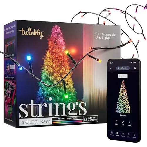 Twinkly Strings 400 LED RGB, LED-Lichterkette für Draußen und Drinnen, Smarte LED-Lichter, Kompatibel mit Alexa und Google Home, IP44, App-Steuerung, Schwarzes Kabel, 32m