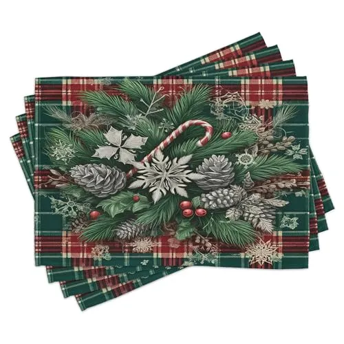 ABAKUHAUS Platzmatten, Traditioneller Weihnachtsornament, Waschbare Stoff Esszimmer Küche Tischdekorations Digitaldruck, Grün Grau Rubin