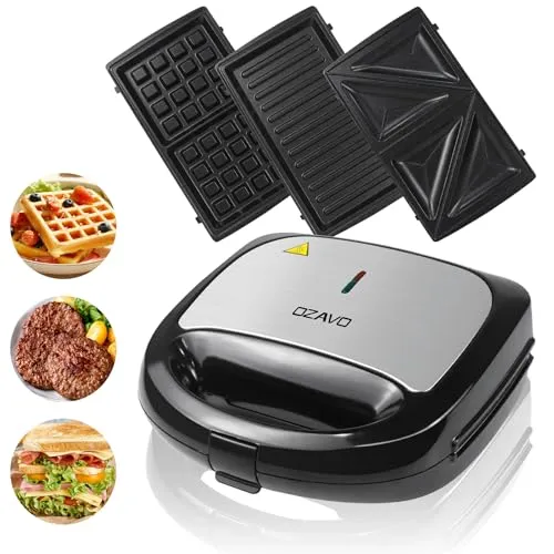OZAVO Sandwichmaker 3 in 1 - Sandwichmaker, Waffel- und Paninitoaster mit 3 abnehmbaren Grillplatten. Ideal für vielseitige Snacks und einfach zu reinigen dank antihaftbeschichteter Platten.