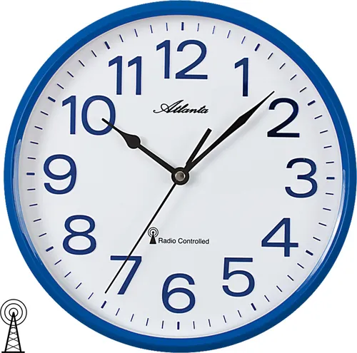 Atlanta Funkwanduhr 26 cm Blau - Funkgesteuerte Küchenuhr mit Metallic-Ziffern - Moderne Wanduhren für Küche und Wohnraum, automatische Zeiteinstellung und gut ablesbare Ziffern in einem robusten Gehäuse.