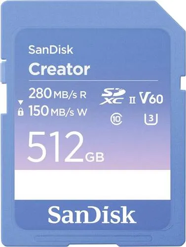 SanDisk Creator SD-UHS-II Speicherkarte 512 GB - Speicherkarten für DSLR- und Mirrorless-Kameras, ideal für 6K-Videoaufnahmen mit ultraschnellen 280 MB/s. Inklusive Adobe Creative Cloud für kreative Projekte.