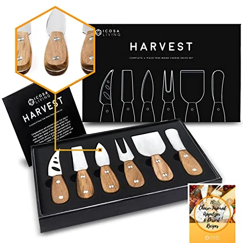 Harvest Premium 6-Teiliges Käsemesser Set - Komplette Käsemesser-Kollektion aus Edelstahl mit Teakholzgriffen und Durchgehenden Klingen mit 15 festlichen Rezepten (zum Verschenken bereit)