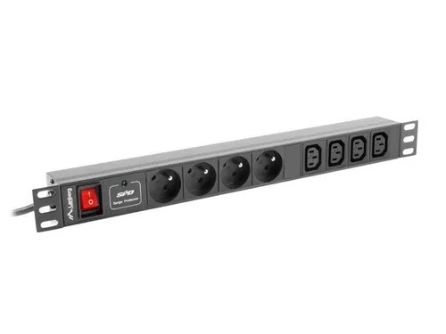 Lanberg Steckdosenleiste Rack PDU 1U 10A 8x230V - Überspannschutz & Mehrfachstecker mit 2m Kabellänge, ideal für effiziente Stromverteilung in Server-Racks.