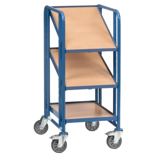Fetra Eurokastenwagen 2381 - 3 Etagen mit Holzböden - Eurokastenwagen mit 3 Etagen, ideal für 3 Eurokästen (600 x 400 mm). Tragkraft bis 250 kg, neigbare Böden und langlebige Stahlkonstruktion machen ihn zum perfekten Helfer im Lager.