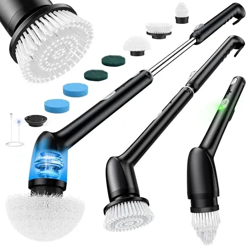 LyriFine Elektrische Reinigungsbürste, Neue Vollkörper-IPX7-Wasserdichte Electric Cleaning Brush, Elektrische Reinigungsbürste Haushalt mit langem Griff,2 Geschwindigkeiten, Ersatzköpfe für Badezimmer