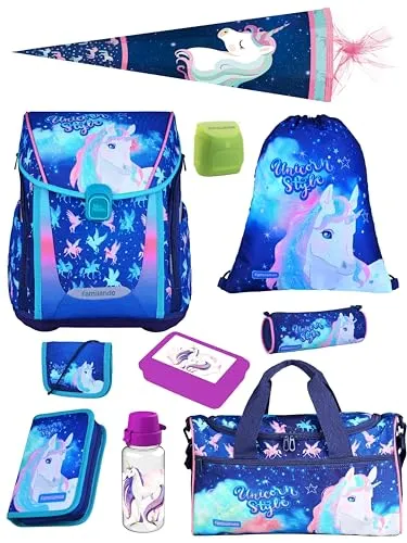 Familando PREMIUM Mädchen Schulranzen Set Einhorn 10-teilig in Blau Rosa