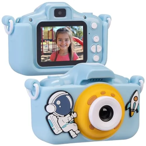 Playtastic Kleinkinder Kamera: Selfie-Kinderkamera, 2''-IPS-Display, 1080p, USB-C, Weltall-Hülle blau (Spiel-Kamera, für Video und Foto, Bild)