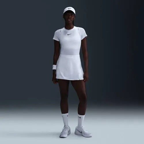 Nike Victory Tennisrock Damen - Weiß-Schwarz, Größe M - Eleganter Tennisrock mit praktischem Schlitz und formschöner A-Linie; aus elastischem Dri-FIT-Material für optimalen Tragekomfort; ideal für sportliche Aktivitäten und stylische Auftritte.