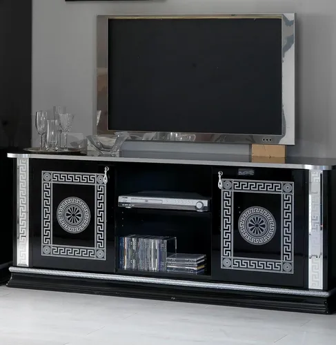 Schwarz TV Tisch RTV Schrank Lowboard Möbel Fernsehtisch Design Fernsehschrank - Moderner TV Tisch in Schwarz-Silber, bietet Platz für Ihre Unterhaltungselektronik. Mit 2 Türen und kompakten Maßen von 153 x 46 x 62 cm ideal für jedes Wohnzimmer.