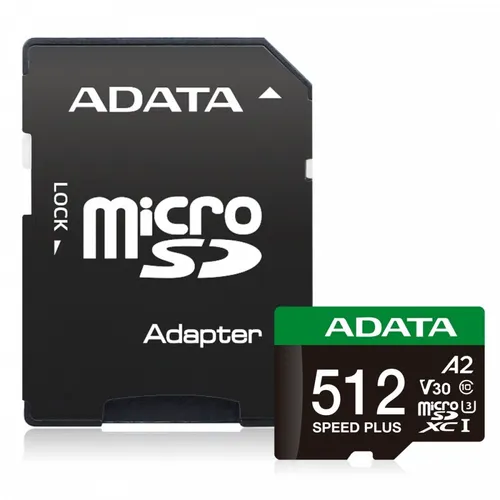 Adata microSD 512GB Speed Plus UHS-I U3 + Adapter - Multimedia Speicherkarte mit 512 GB, UHS-I U3 für hohe Übertragungsgeschwindigkeit, ideal für 4K-Videoaufnahmen und große Datenmengen.